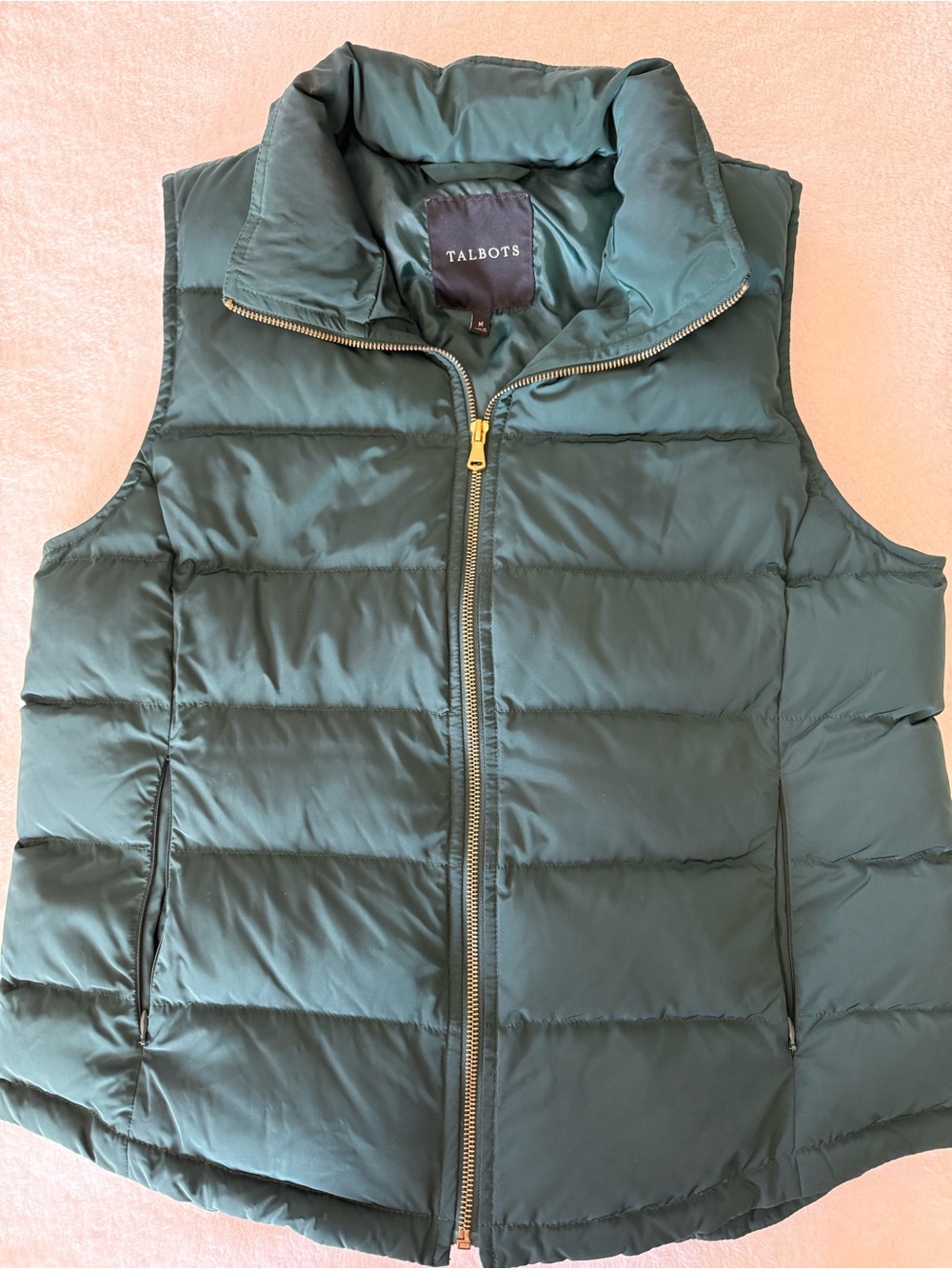 Talbots Emerald Green Down Puffer Vest Gold Zip Women’s M NWOT